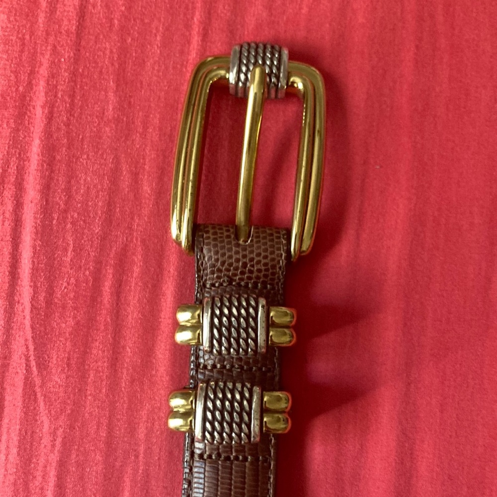 Brighton Classics Belt M/L 32 Brown Leather Reptile 2 Tone Buckle 4B608